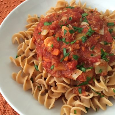 Red Lentil Pasta with Artichoke Ragu