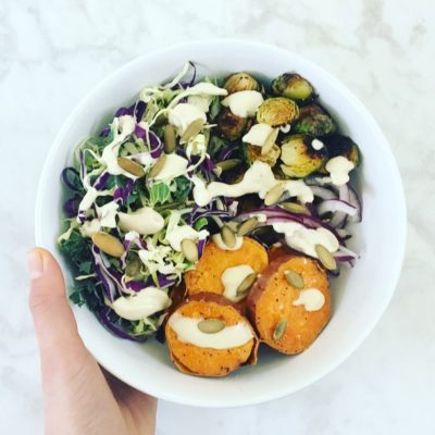 Cruciferous Crunch Salad with Roasted Sweet Potato & Brussels Sprouts
